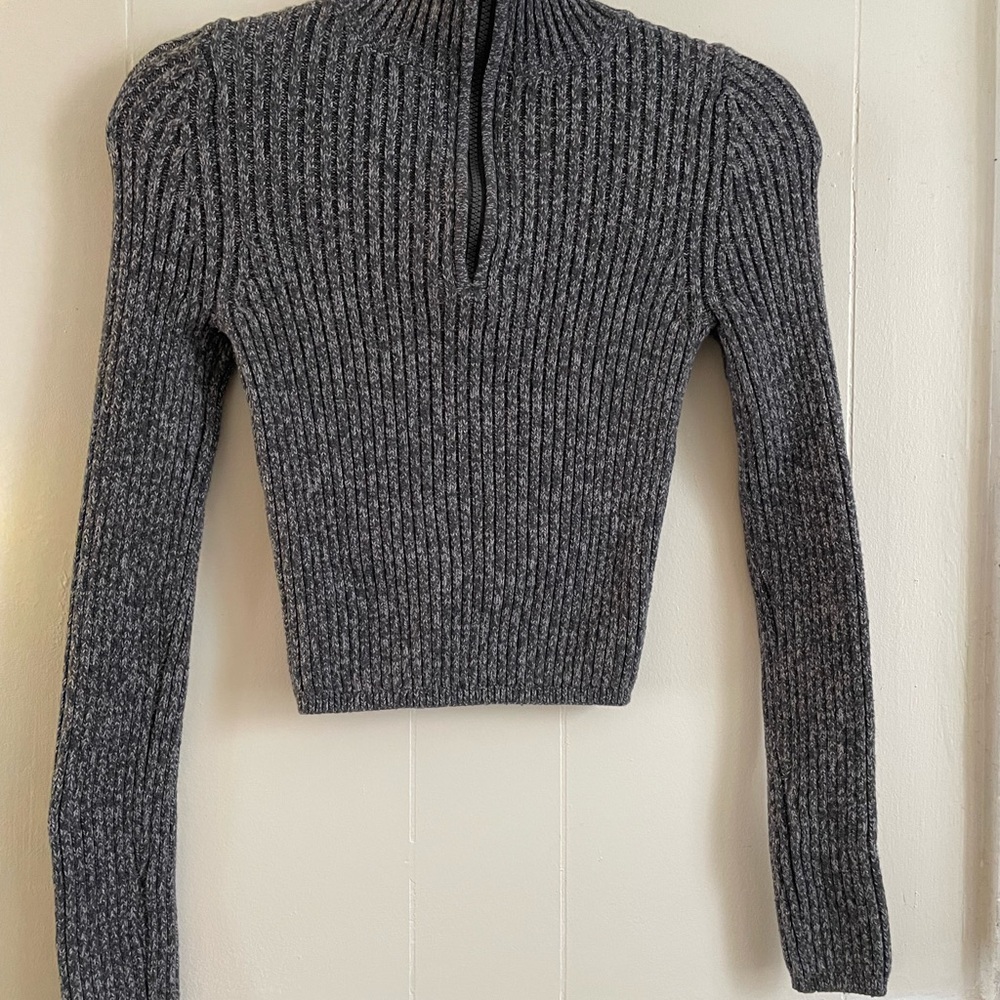 Aerie Grey Ribbed Women's Cropped Half Zip Longsleeve Sweater Cover Casual Comfy - Picture 5 of 7